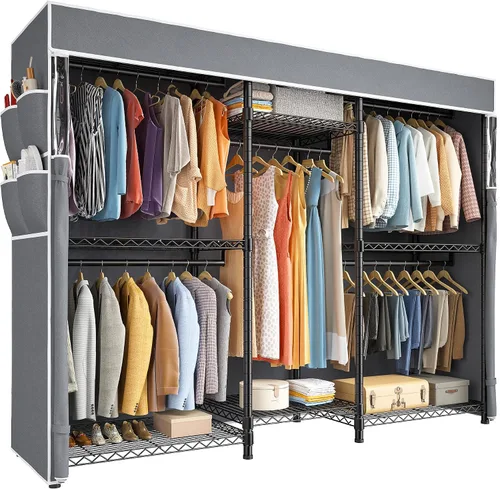 Miniatura 9 de Raybee Perchero de ropa para colgar ropa, capacidad de 900 libras, armario portátil resistente con 5 barras de suspensión y 8 estantes