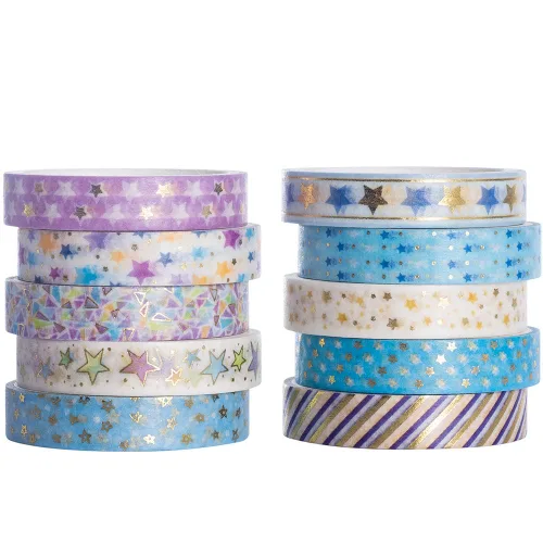 Miniatura 2 de YUBBAEX Juego de 10 rollos de cinta washi brillante, 8mm de ancho, de lámina dorada decorativa para diario de viñetas, álbum de recortes, Estrellas