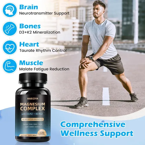 Miniatura 4 de Paquete de 2 suplementos de complejo de magnesio de 600 mg con cápsulas de alta absorción con vitaminas D3 K2 MK7 y B con glicinato, citrato