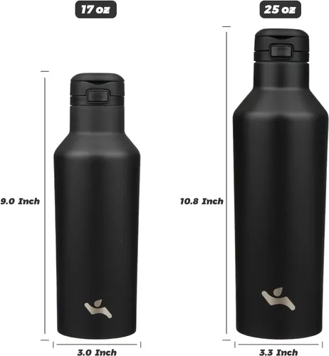 Miniatura 5 de Botella de agua aislada con popote, termo de agua de acero inoxidable de doble pared de 17 onzas con 2 tapas, color negro