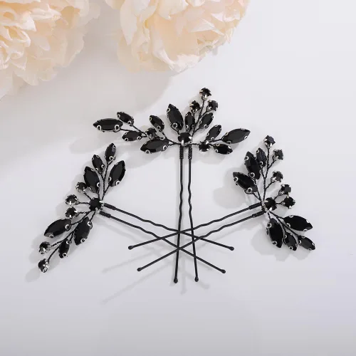 Teyglen Juego de 3 horquillas para el cabello con diamantes de imitación negros, piezas de cristal hechas a mano y accesorios para novias, mujeres y