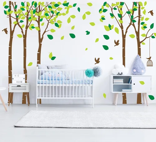 Miniatura 7 de luckkyy Calcomanía para pared, Gran Familia de cinco Árboles con pájaros y jaulas, para habitación familiar, arte decoración.