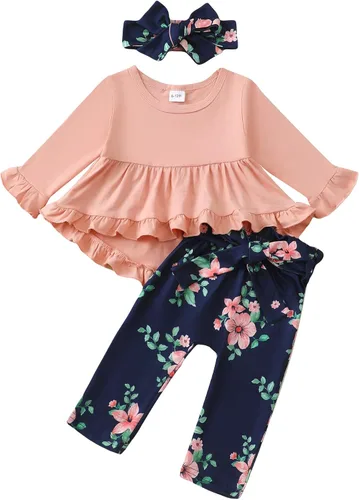 Miniatura 181 de Kucnuzki Conjunto de ropa para bebé niña pequeña, camisa de manga con volantes, pantalón floral, ropa de otoño e invierno para niña