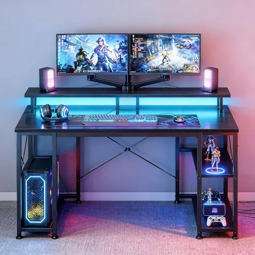 Miniatura 9 de ODK Escritorio gamer de 48 pulgadas con luces LED y enchufes, escritorio para computadora con soporte para monitor y estantes de almacenamiento