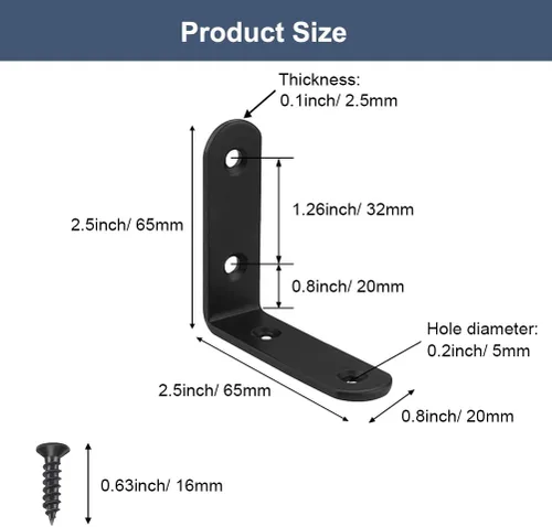 Miniatura 2 de 6 piezas de soportes de esquina en L negros de acero inoxidable de 65x65mm, soportes de estante resistentes para madera, estantes, soportes de unión