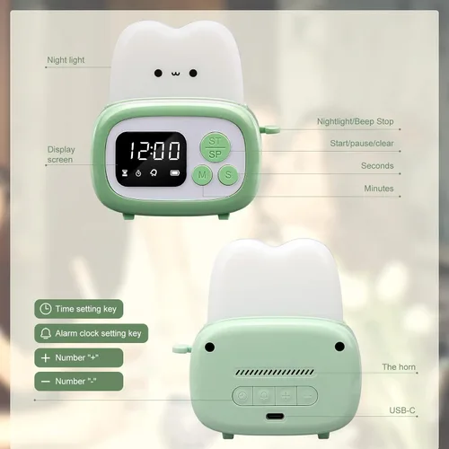 Miniatura 6 de QANYI Lámpara Reloj Temporizador Pequeña Tostadora, Linda Luz Nocturna con Herramienta de Gestión del Tiempo y Reloj de Mesa con Alarma