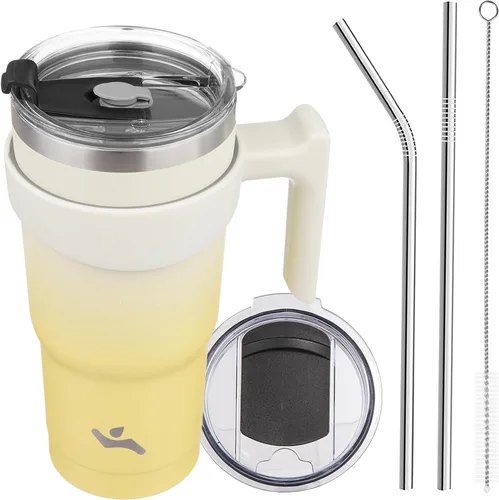 Miniatura 23 de Konokyo - Vaso de 10 onzas con asa y 2 popotes, 2 tapas, botella de agua aislada de acero inoxidable, taza de viaje reutilizable, color verde militar
