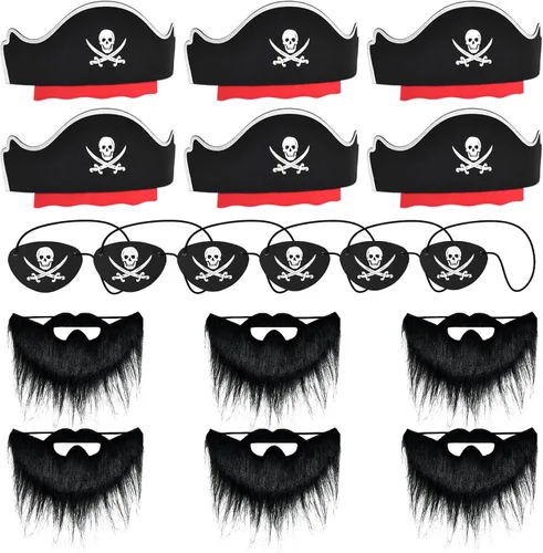 ZeeDix 18 accesorios piratas para niños, incluye 6 sombreros de pirata, 6 parches de ojos y 6 bigotes, decoraciones de fiesta pirata para Navidad,