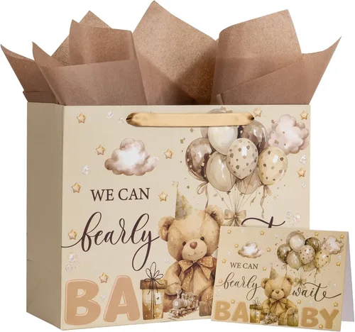 Miniatura 23 de WRAPAHOLIC Bolsa de regalo extra grande de 16" para bebé niña con tarjeta y papel de seda - Para baby shower, bebé recién nacido Jirafa bebé niña