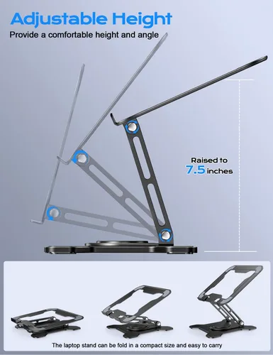 Miniatura 4 de JCZT Soporte ajustable para computadora portátil, base giratoria de 360°, soporte ergonómico para computadora, elevador plegable para oficina y Negro