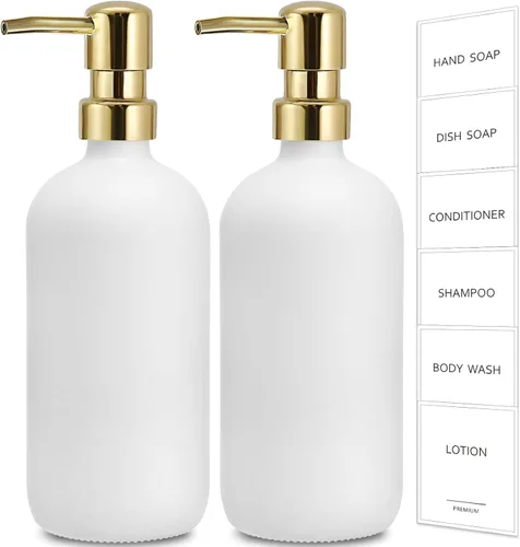 Miniatura 11 de Dispensador de jabón de vidrio ámbar GMISUN, juego de 2 dispensadores de jabón de mano para baño con bomba de acero inoxidable, juego de dispensador
