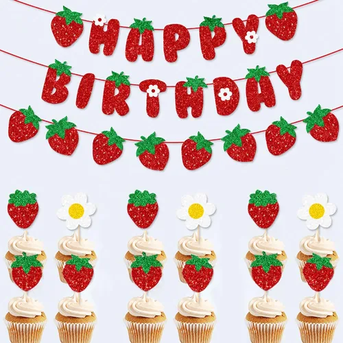 Miniatura 3 de TSJ Decoración de guirnalda de fresas con purpurina y bayas para colgar, recuerdos de fiesta temática de fresas para fiesta de cumpleaños, baby