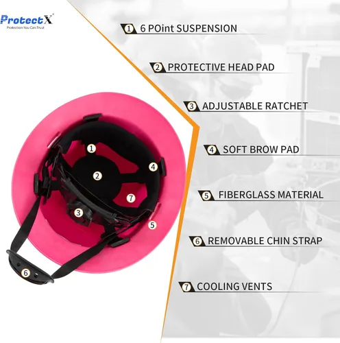 Miniatura 4 de ProtectX - Cascos de construcción de ala completa, ventilados, aprobados por la OSHA, con suspensión de 6 puntos, Cascos de construcción Rosa