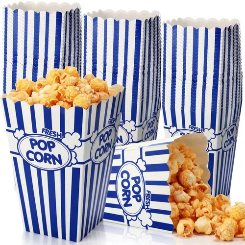 Xinnun 100 piezas Cajas de palomitas de maíz 32 oz Cubos de papel clásicos con rayas desechables a prueba de aceite Caja abierta retro para Azul