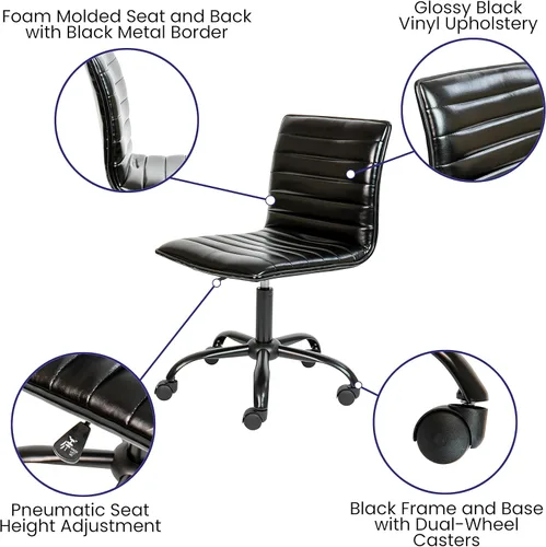 Miniatura 4 de Flash Furniture - Silla de oficina, vinilo negro, estructura negra, sin reposabrazos, asiento y respaldo acanalados, diseño de respaldo bajo