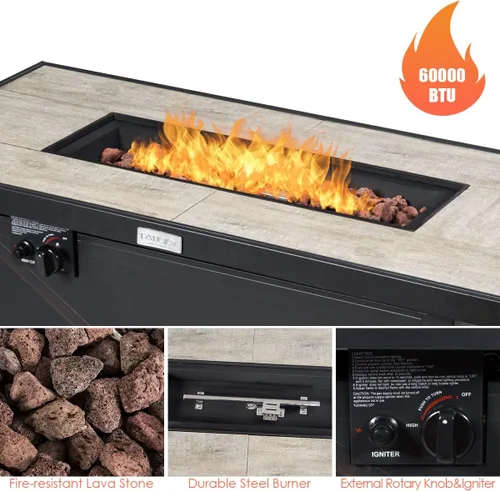 Miniatura 5 de COSTWAY Mesa para fogata de propano de 42 pulgadas, mesa rectangular de gas para exteriores de 60,000 BTU con mesa de cerámica, roca de lava