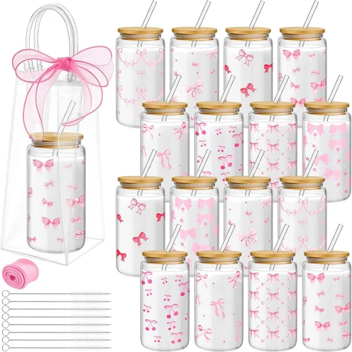 Miniatura 16 de Mumufy 6 Juegos de Tazas de Vidrio Florales Bohemias con Bolsa de Regalo Transparente de 16 onzas, Tazas de Café Helado Reutilizables con Flores