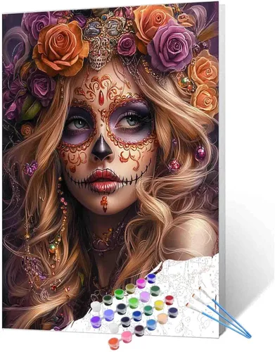 Miniatura 33 de Pintura por números para parejas tomadas de la mano, para adultos, principiantes, Día de los Muertos, Esqueleto, Pintura por números sobre lienzo