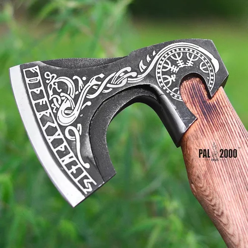 Miniatura 7 de AX-3016 Hacha vikinga de acero al carbono forjada con eje de madera de fresno - Hacha de camping barbuda vikingo