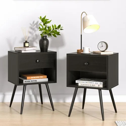 VECELO - Conjunto de 2 mesitas de noche, mesa auxiliar de estilo moderno de mediados de siglo, soporte de noche con cajón de almacenamiento y