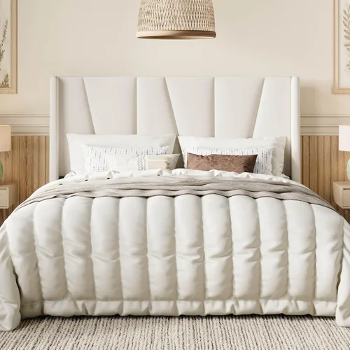 Miniatura 10 de SHA CERLIN Base de cama tamaño King con cabecera geométrica con respaldo de ala, cama de plataforma tapizada con espacio debajo de la cama de 8 Beige