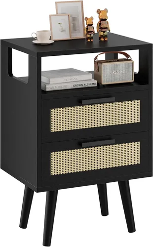 YMYNY Mesita de noche con 2 cajones, mesa auxiliar bohemia, ratán decorado a mano, estante abierto con diseño arqueado, patas de madera maciza, Negro