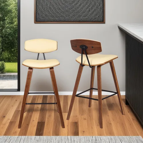 Miniatura 2 de Armen Living Fox - Taburete de bar moderno de mediados de siglo de piel sintética color crema y madera de nogal de 25.5 pulgadas Piel sintética