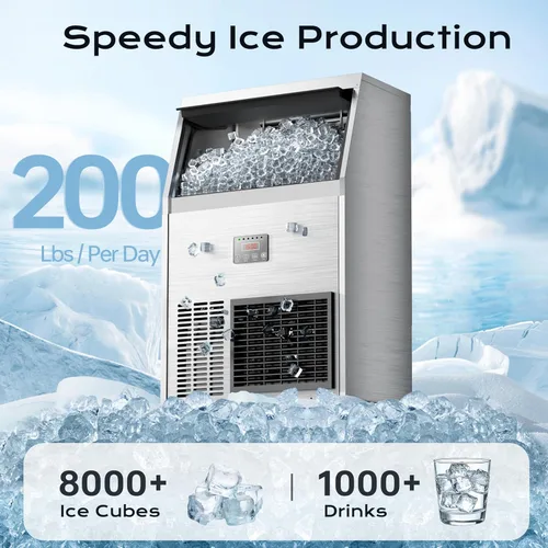 Miniatura 4 de Coolake Máquina comercial para hacer hielo de 200 libras/24 horas con contenedor de almacenamiento de 50 libras, máquina de hielo de acero