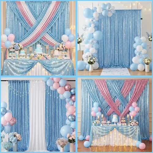 Miniatura 4 de B-COOL Cortinas de Fondo de Lentejuelas Azul Bebé 2 Piezas 2ftx8ft Fotografía para Fiestas Fondo Brillante Cortinas para Prom Bodas Baby Shower