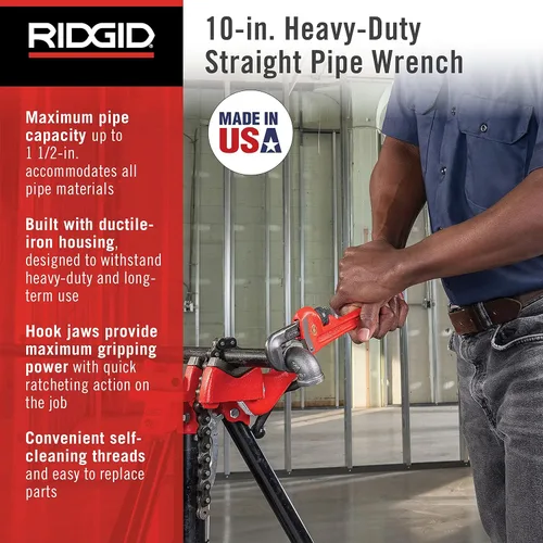 Miniatura 2 de RIDGID 31010 - Llave de tubería recta modelo 10 resistente, llave de fontanería de 10 pulgadas, color rojo, negro, 9.843 in (10 pulgadas)