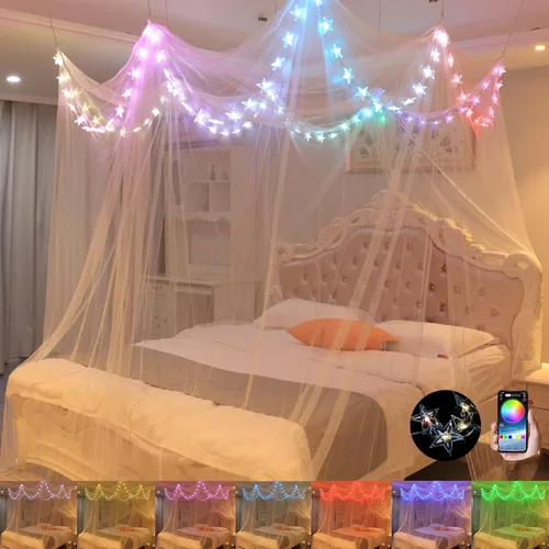 Miniatura 12 de Comtelek Dosel de Cama de 8 Esquinas con 100 Luces LED de Cadena de Estrellas Operadas por Batería, Red de Cama Estilo Único de 4 Puertas Cortinas