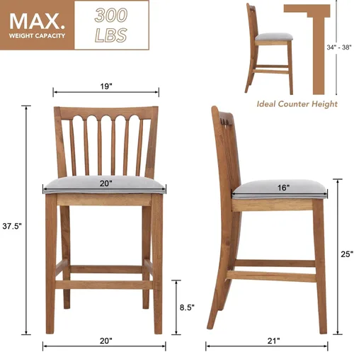 Miniatura 2 de chairus Juego de 2 taburetes de bar de 25 pulgadas de altura de mostrador, taburetes tapizados de felpilla con respaldo de listones de husillo
