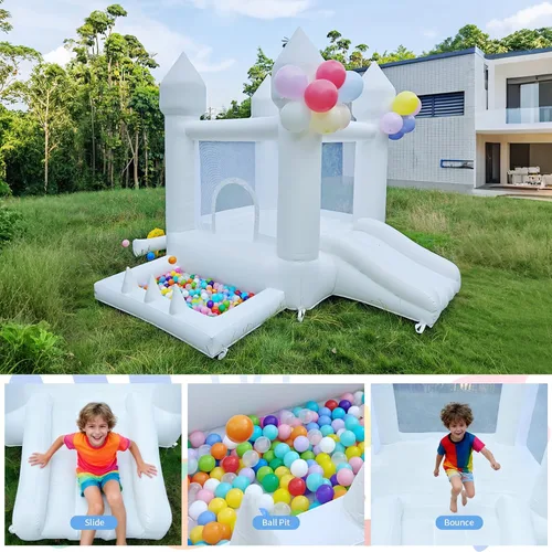 Miniatura 6 de Casa de Rebote Blanca, Casa de Rebote para Interiores y Exteriores, Casa de Rebote Inflable con Pozo de Pelotas y Tobogán, Casa de Rebote para Niños