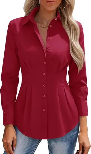 Miniatura 9 de siliteelon Camisas con botones para mujer, cintura ceñida, camisa de vestir de algodón de manga larga para negocios, casual, trabajo, oficina