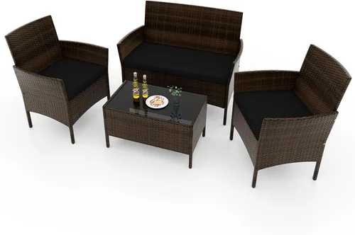 Miniatura 30 de RELAX4LIFE Juego de muebles de patio de 4 piezas – Juego de muebles de ratán para conversación al aire libre con cojines, mesa de centro de cristal