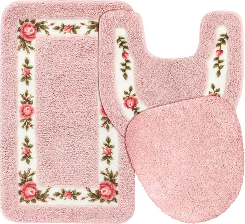 Miniatura 8 de Drydiet Juego de 3 alfombras de baño con rosas y flores, decoración de habitación, alfombra de baño floral en forma de U, antideslizante, Azul