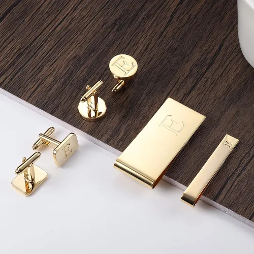 Miniatura 3 de JOERICA Juego de gemelos con iniciales para hombre y clip de corbata para hombre, letras del alfabeto, cartera, clips de corbata y gemelos con caja