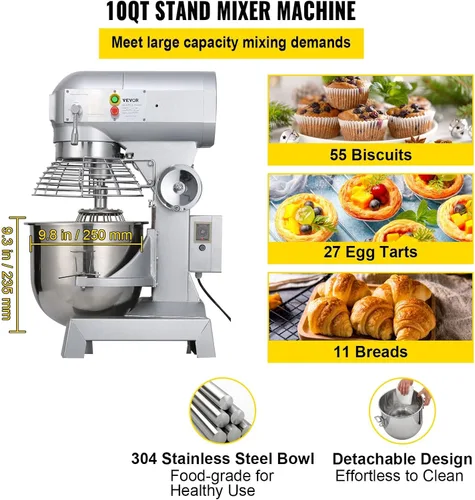 Miniatura 3 de Happybuy 10Qt Mezclador Comercial de Alimentos con Función de Temporización, Mezclador Comercial de 500W, Bol de Acero Inoxidable, Resistencia