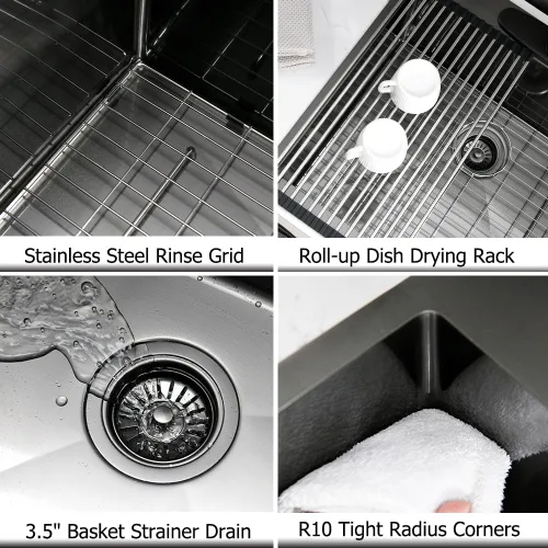 Miniatura 8 de Fregadero utilitario negro, 25 x 22 x 12 pulgadas de profundidad, acero inoxidable negro con grifo y dispensador de jabón, lavabo de montaje