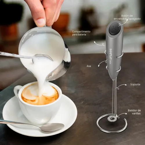 Miniatura 4 de SimpleTaste Espumador de leche de mano que funciona con baterías, eléctrico, fabricante de espuma, mezclador de bebidas con batidor de acero Gris