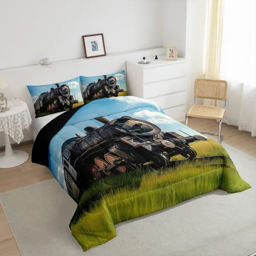 Miniatura 3 de Erosebridal Juegos de Edredón de Tren Tamaño Full, Juego de Ropa de Cama Retro con Motor de Vapor para Niños y Adolescentes, Juegos de Edredón