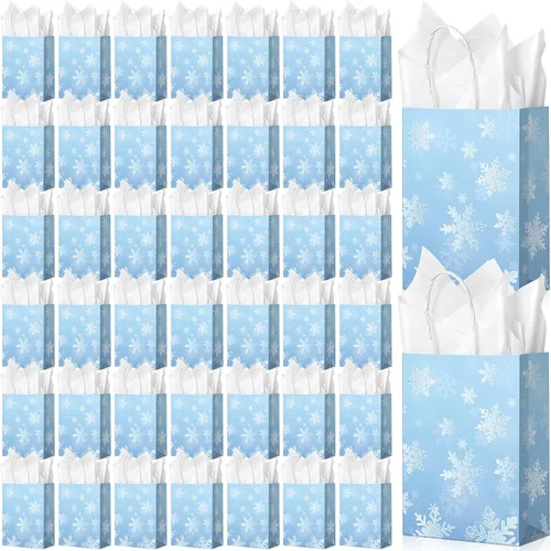 Miniatura 9 de Jectivs Paquete de 24 bolsas de regalo para fiestas, bolsas grandes y gruesas de papel kraft blanco con copos de nieve azul hielo con tejido blanco