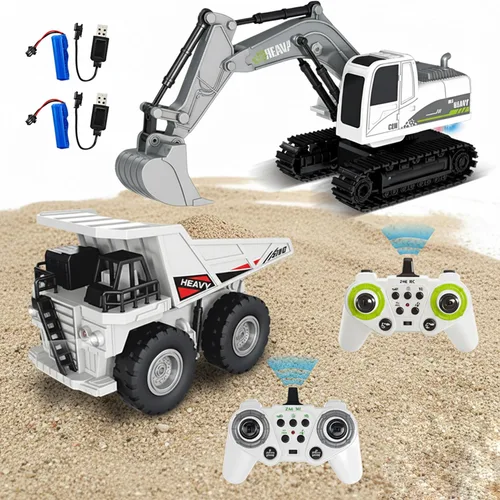 Juego de vehículos de construcción de control remoto 2 en 1: excavadora RC y camión volquete con piezas de aleación, luces realistas y efectos de