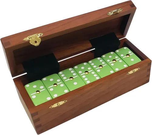 Marion Domino Double Six Lime Green Jumbo Torneo Tamaño Profesional con Spinners en caja de madera Sheesham de cola de milano. Verde lima