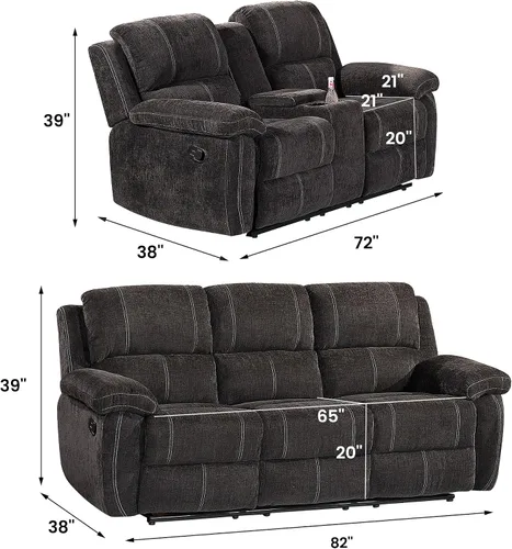 Miniatura 2 de Betsy Furniture Moderno juego de sofá reclinable de tela, sofá biplaza con consola, reclinable 8093 (negro, sofá + sofá biplaza) Breathable