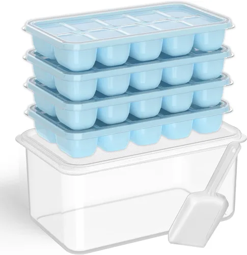 Miniatura 11 de DOQAUS Bandeja para cubitos de hielo con tapa y contenedor - Paquete de 4 bandejas de cubitos de hielo de silicona para congelador, kits de cubeta