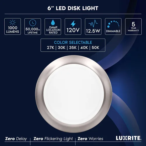 Miniatura 7 de LUXRITE Lámparas de disco LED de 6 pulgadas, lámpara de techo empotrable regulable, 5CCT seleccionable 2700K 3000K 3500K 4000K 5000K, 12.5W, 1000LM