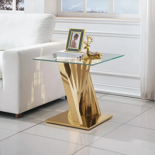 Miniatura 97 de Mesa de centro de cristal de lujo, mesa de centro de sofá de 47 pulgadas con marco de acero inoxidable dorado y parte superior de vidrio negro, mesa