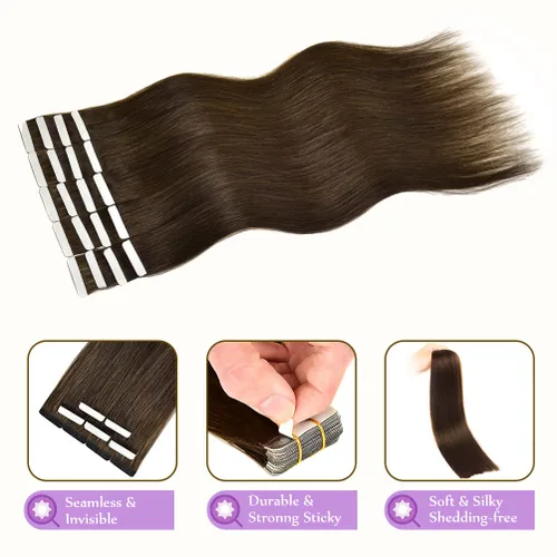 Miniatura 4 de Extensiones de cabello humano con cinta, 20 unidades, 22 pulgadas, 1.76 oz, extensiones de cabello humano Remy con cinta adhesiva, color marrón