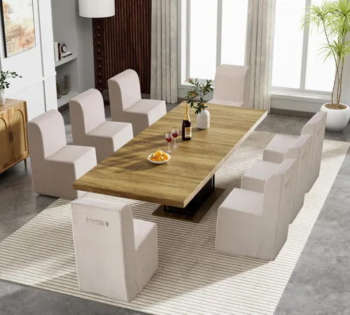 Miniatura 3 de Juego de mesa de comedor extensible marrón de 9 piezas para 8, 63 a 78.74 pulgadas, juego de mesa de cocina y comedor, mesa de comedor extensible